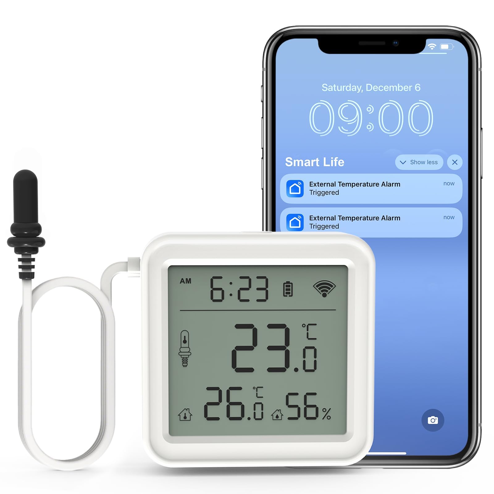 DAYTECH Termometro e igrometro WiFi intelligente per congelatore, allarme con temperatura ambiente e igrometro, avvisi app e display digitale chiaro, per casa/ristorante/ufficio, nessun hub richiesto