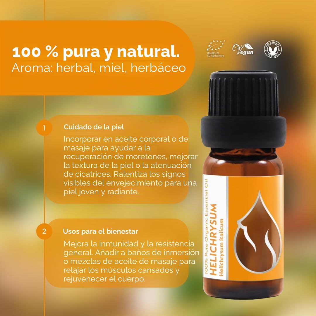 Essences Bulgaria Aceite Esencial de Helicriso Orgánico 5ml | Helichrysum italicum | 100% Puro y Natural | Sin Diluir | Grado Terapéutico | Granja Familiar | Destilado al Vapor | Sin OMG | Vegano