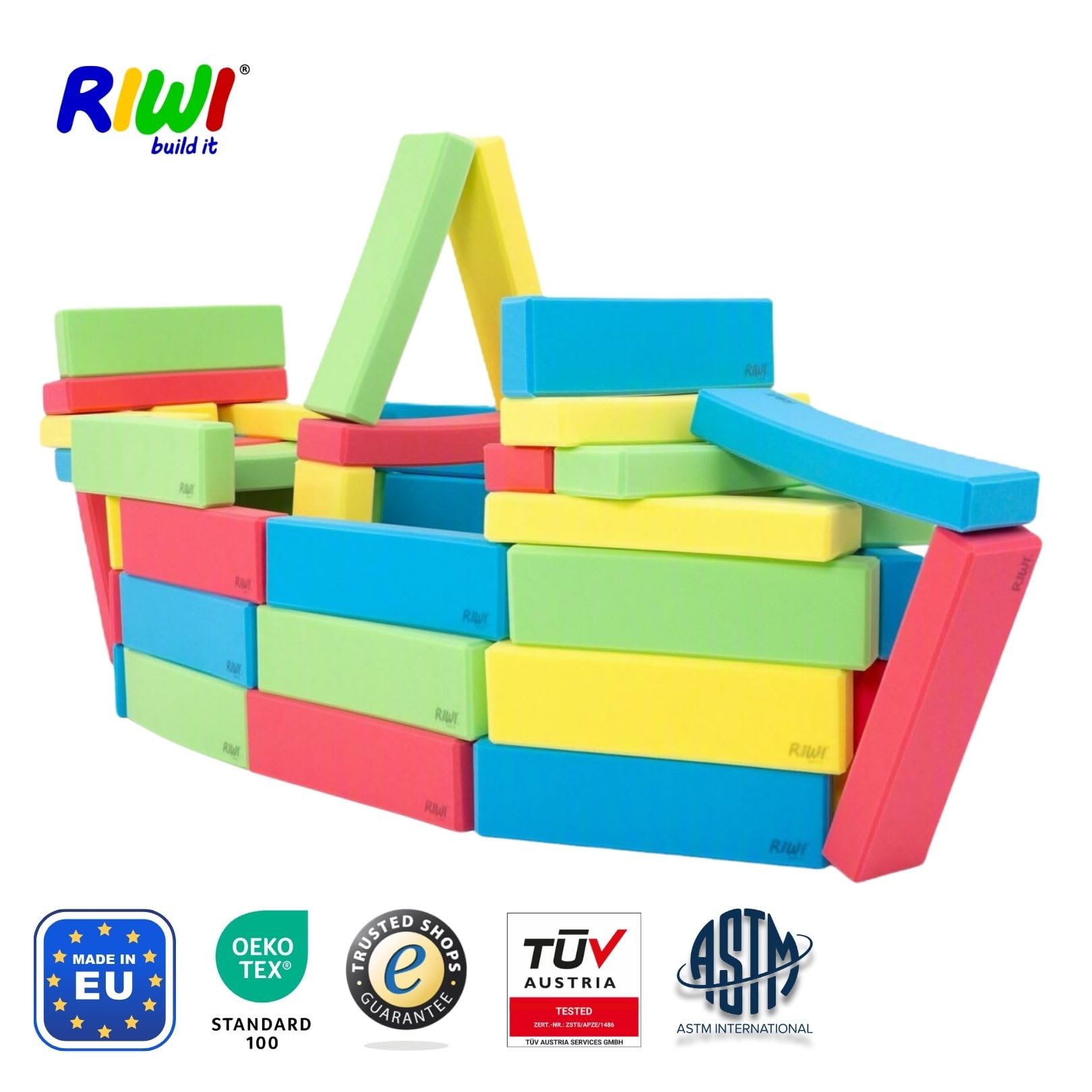 RIWI Set di 48 mattoncini da costruzione XXL in gommapiuma, grandi mattoncini morbidi per bambini, certificati TÜV Austria e Öko-Tex, lavabili in lavatrice