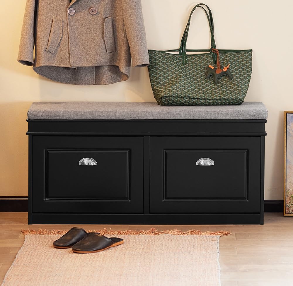 SoBuy Black Storage Shoe Bench with 2 Flip Drawers, Hidden Shoe Bench, Free Standing Shoe Rack, Shoe Cabinet, Hallway Storage Bench with Seat Cushion FSR64-SCH
