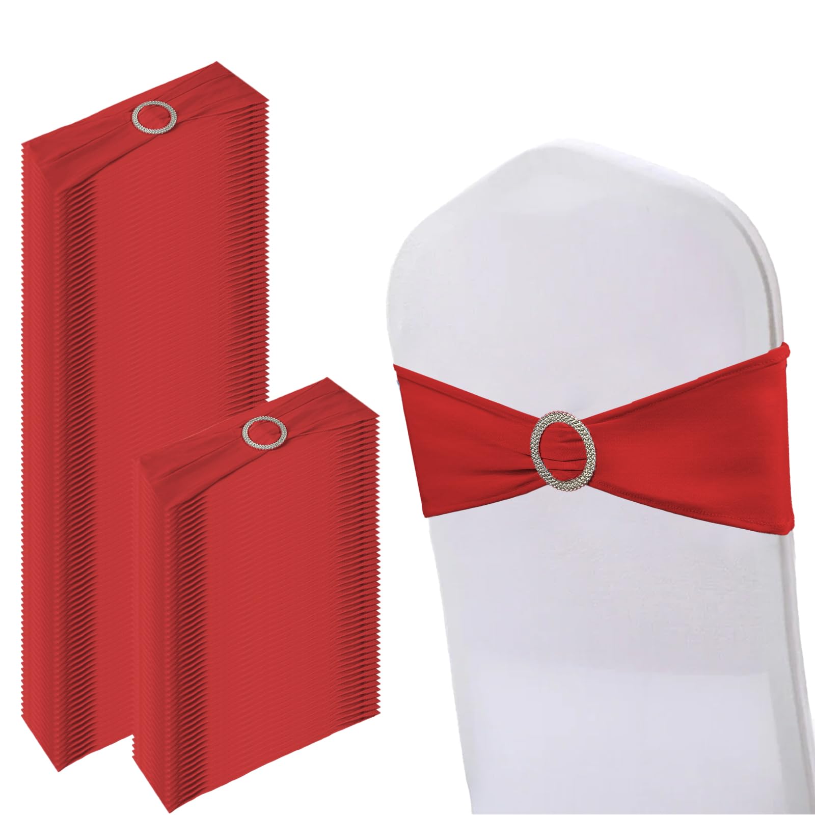Photo 1 of 150 Pack Spandex Stretch Chair Sashes Bows, Elastic Stretch Chair Cover Bands Ties with Buckle Slider for Wedding Party Ceremony Reception Event Banquet Decoration (Red)