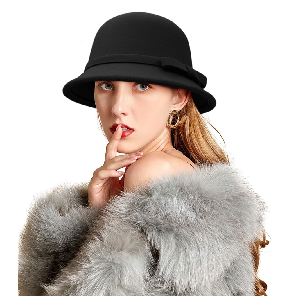 Chapeau cloche en feutre pour femme avec nœud papillon Fedora - Chapeau melon vintage des années 1920