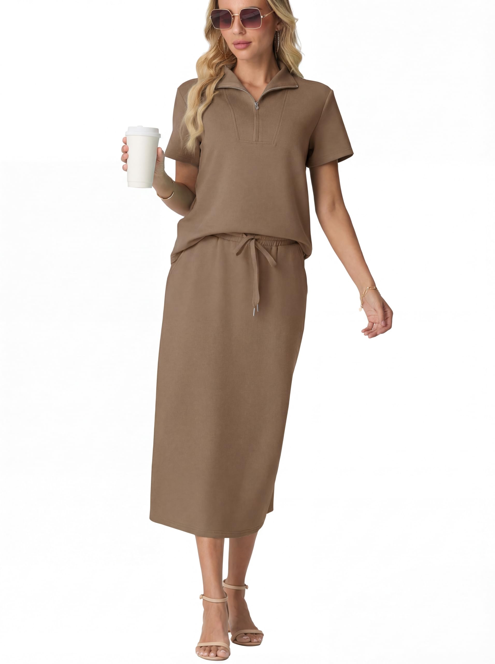 GRECERELLE Ensemble complet de survêtement d'été pour femme - Tenue deux pièces à manches courtes et demi-fermeture éclair - Pull décontracté et jupe midi à taille élastique avec poches