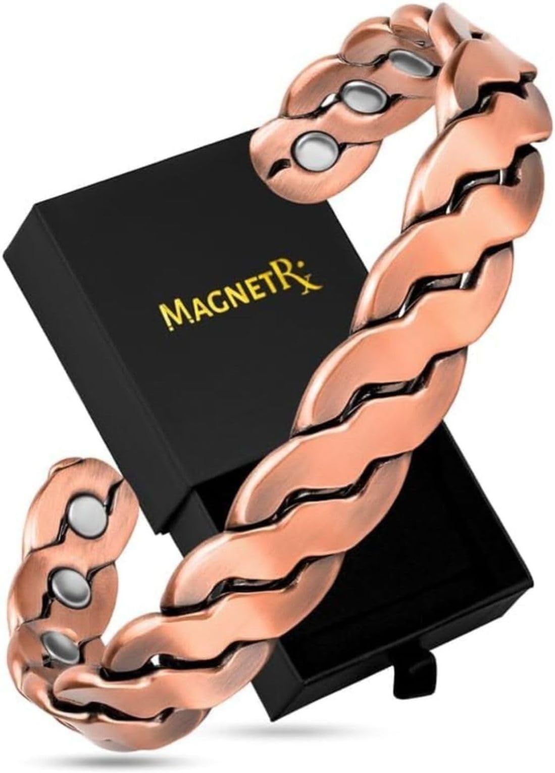MagnetRX® bracelet cuivre homme et bracelet en cuivre femme – 6 aimants puissants (3500 GAUSS par aimant) – Bijou aimanté pur – Manchette réglable (Argent brossé | Moyen - Grand)