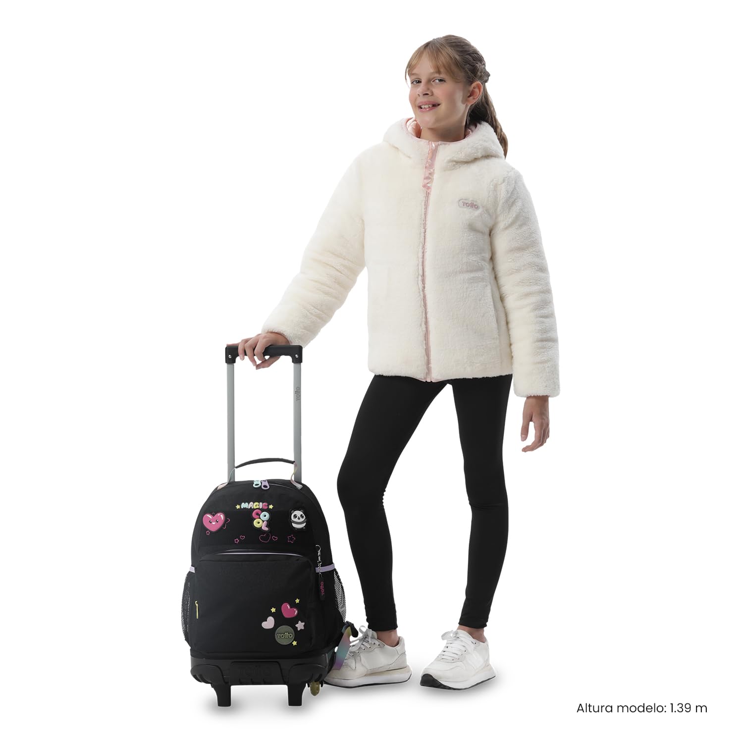 TOTTO - Mochila Escolar con Ruedas, Modelo Glowing Black M, Mochila Mediana, Capacidad 23 L, Bolsillos Botella, 2 Compartimentos Frontales, Protección en la Base, Correas Ajustables, Estampado Negro