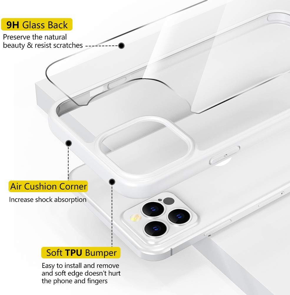 OCYCLONE for iPhone 12 Case, for iPhone 12 Pro Case, [Clear Tempered Glass Back] Transparent Shockproof Thin Slim Glass Phone Cases with Soft Silicone Bumper for iPhone 12/12 Pro 6.1 inch 2020 - White