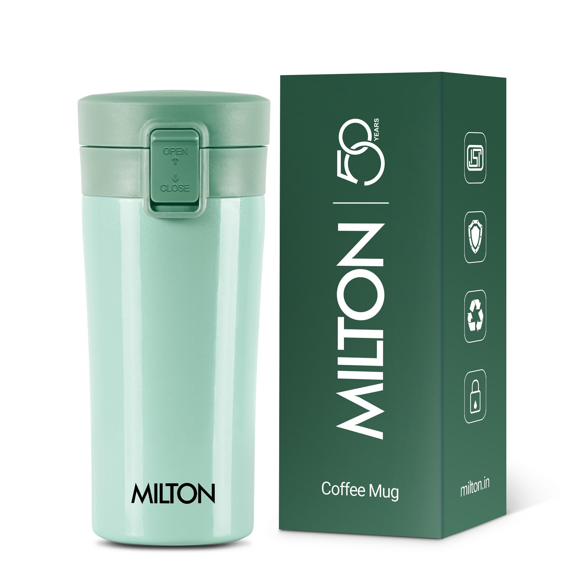 MILTON Thermosteel Vacuum Insulated Stainless Steel Coffee Mug Travel with Strainer, ISI Certified, Hot & Cold, Anti Skid Bottom, Spill Proof and Rustproof, 300 ml, Light Green
