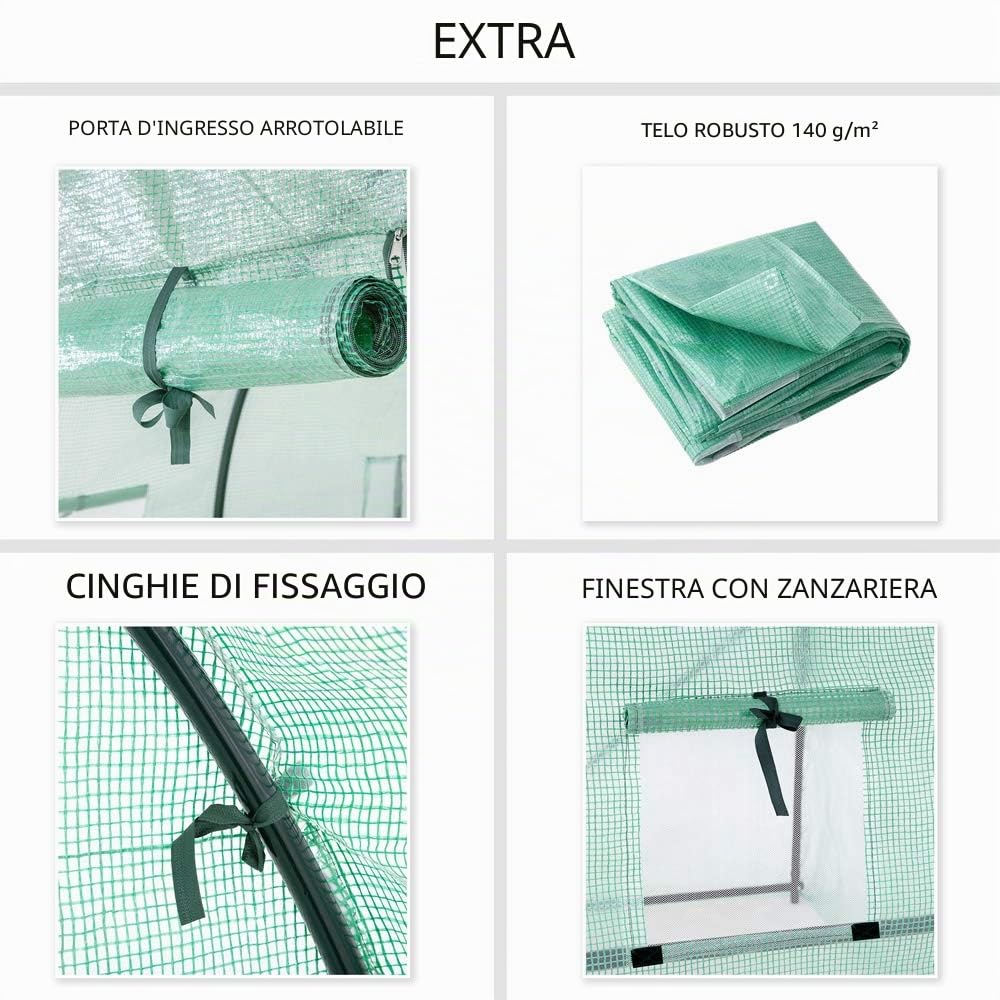 Gardebruk Serra da Giardino 7m² Porta Arrotolabile 6 finestre Serre Tunnel Piante Orto Giardinaggio 350x200x200cm