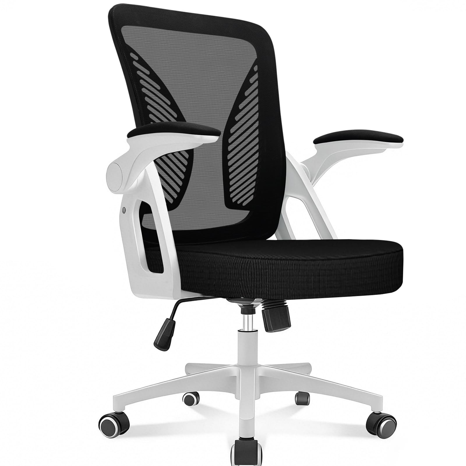 Durrafy Ergonomic Office Chair, Desk Chair with 90° Flip-up Armrests, Lumbar Support & Height Adjustable, Breathable Swivel Computer Chair with Tilt Function, Mid-Back Mesh Chair (White)