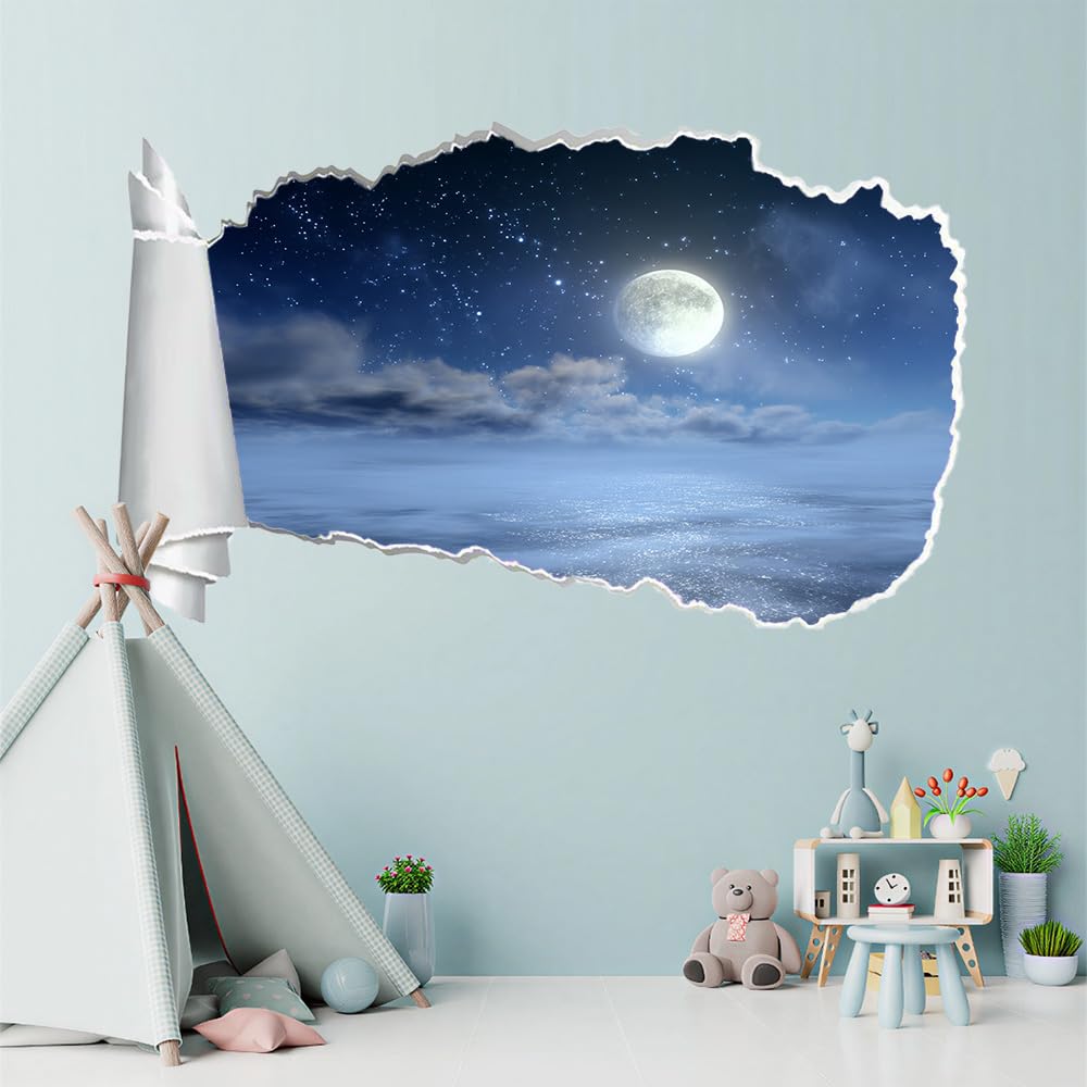 Adesivo Da Parete 3D Rimovibile Luna Decorazione Da Parete, Pavimento, Vista Notturna Del Mare Per Bagno, Camera Da Letto, Soggiorno, Sala Giochi, Murale 70X112Cm