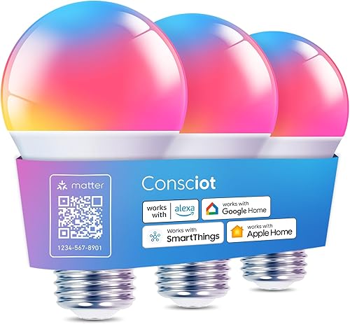 Consciot Bombillas inteligentes, bombilla LED WiFi Bluetooth que cambia de color, sincronización de música, bombilla inteligente equivalente a 60 W,