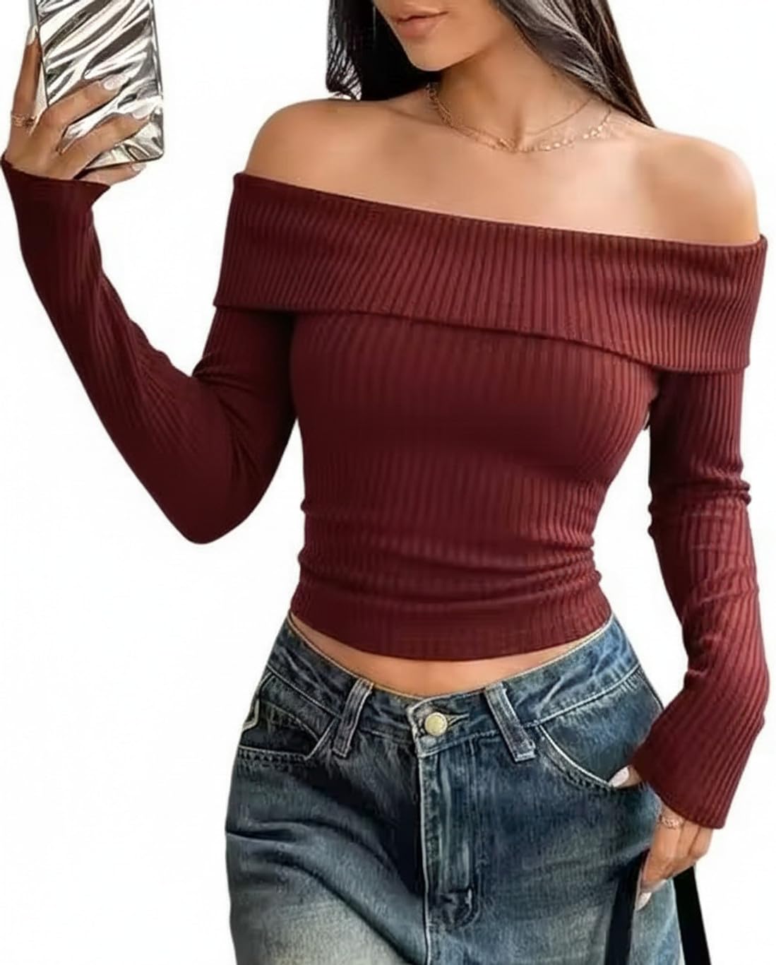 Women Ribbed Knit Off Shoulder Top Long Sleeve Slim Fit Casual Stylish Top for Women-picture-33