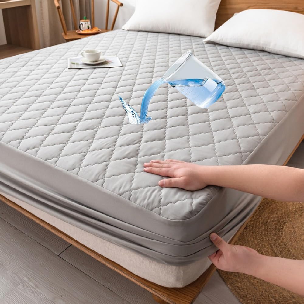 Sábana bajera impermeable gris claro, 180 x 200 cm, protector de colchón de microfibra súper suave, relleno de algodón grueso, se adapta a colchones de hasta 30 cm de alto