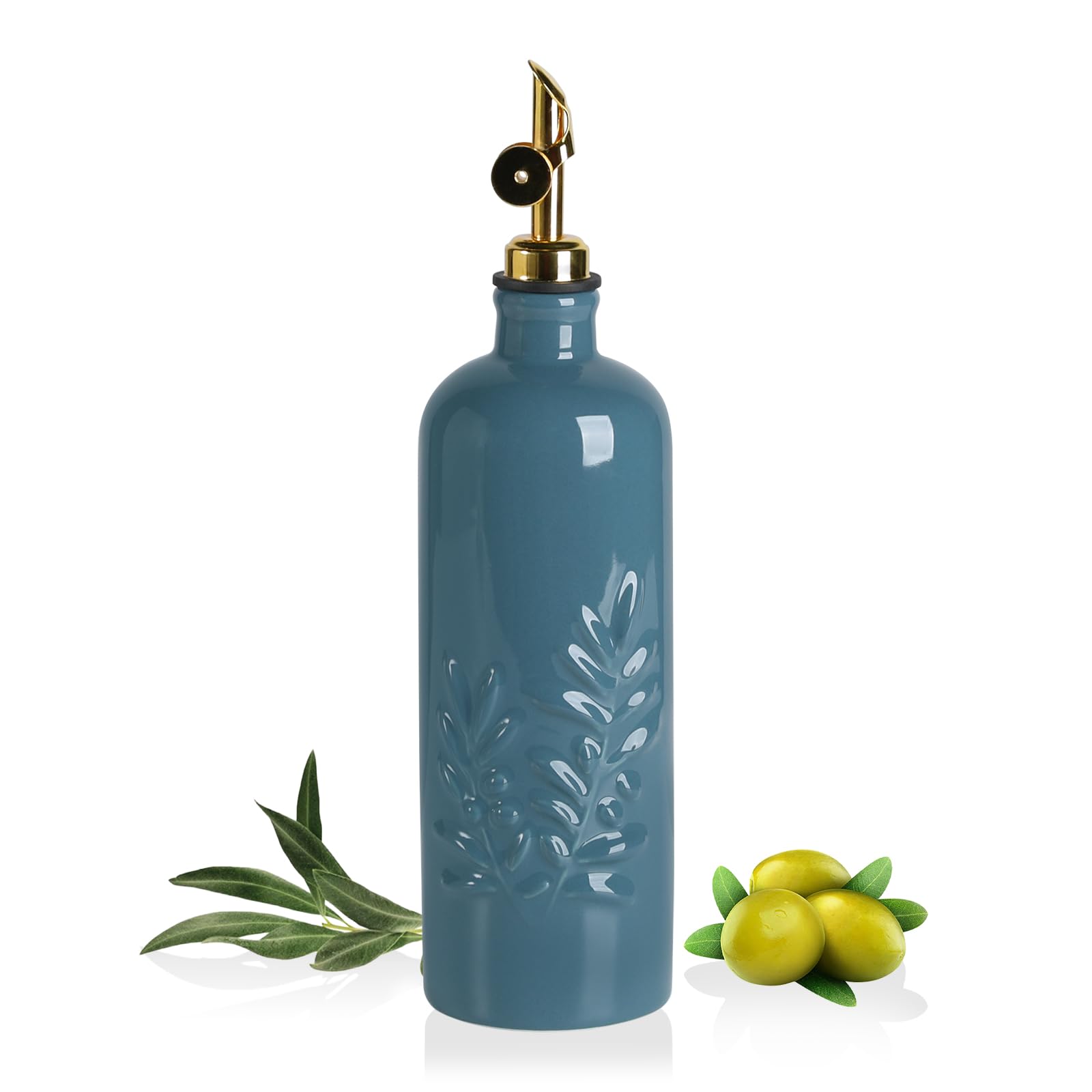 Sweejar Home Fog Blue 530Ml Oil Dispenser For Kitchen With Gravity Spout, Ceramic Olive Oil Dispenser Bottle, Relief Opaque Vinegar Container For Evoo, Vinegar, Soy Sauce, Pack Of 1(Fogblue, Gold Spout)