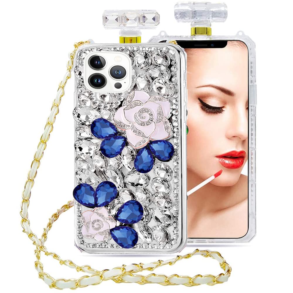 Victor for Compatible with iPhone 13 Pro Max Perfume Bottle Case Women Girls Cute Plush Bling 3D Bling Diamond Glitter Crystal Rhinestone Design with Crossbody Neck Strap Lanyard Phone Case (C)
