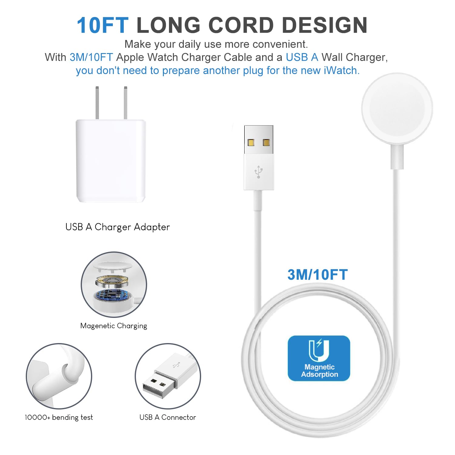 Câble de charge magnétique sans fil pour Apple Watch, 3 m de long, chargeur mural USB, bloc adaptateur compatible avec Apple Watch Series 9/8/7/SE/6/5/4/3/2/1