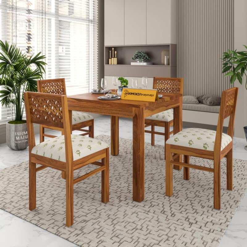 Image of Solid Sheesham Wood 4 Seater Dining Table Set with Chairs for Dining Room | Living Room | Home & Office | Hotels Restaurant & Cafe (4 Seater, Honey Finish)