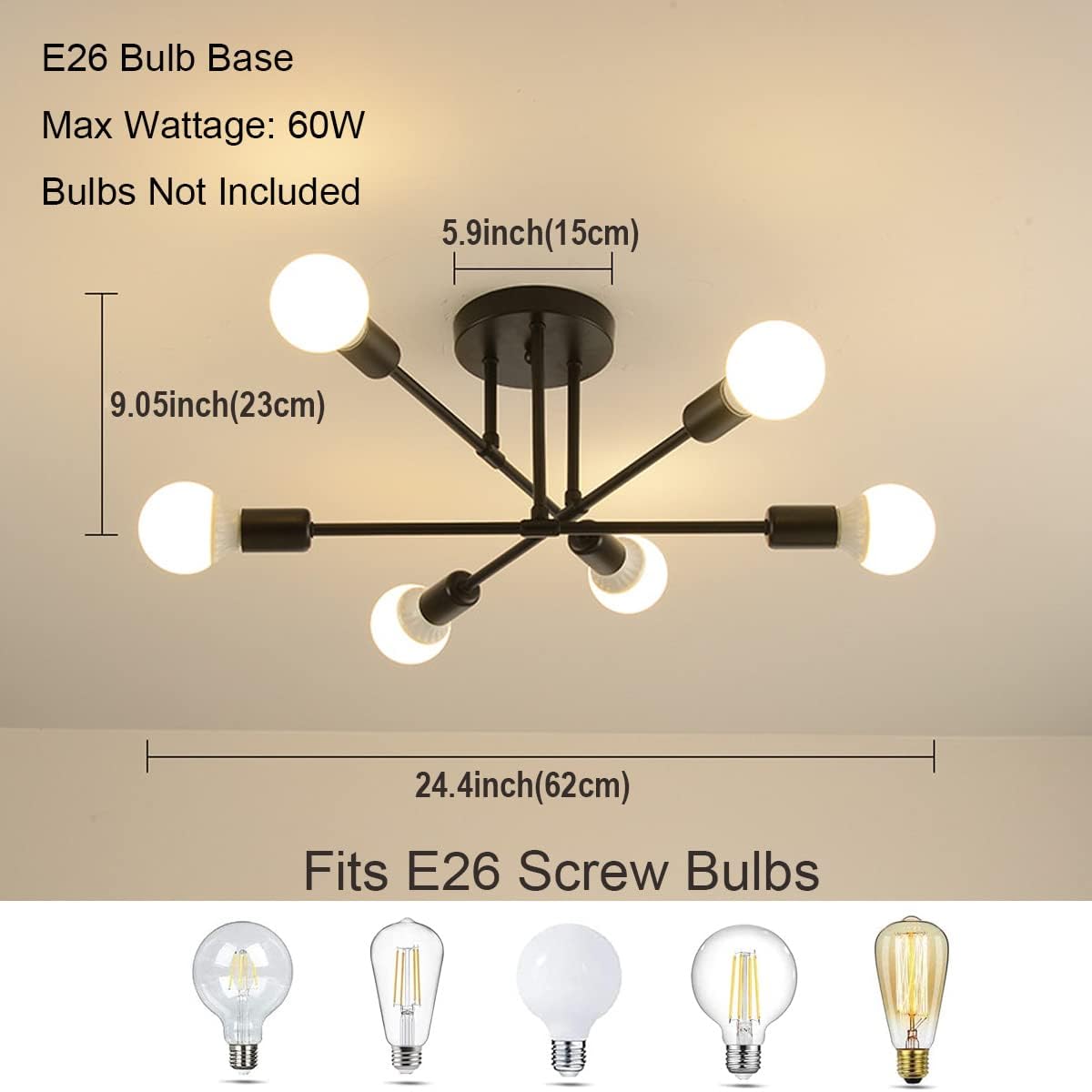 Modern Ceiling Light Fixture, Sputnik Chandelier 6 Lights, Mid Century Vintage Industrial Chandelier Lighting for Living Room Bedroom Kitchen Dining Room