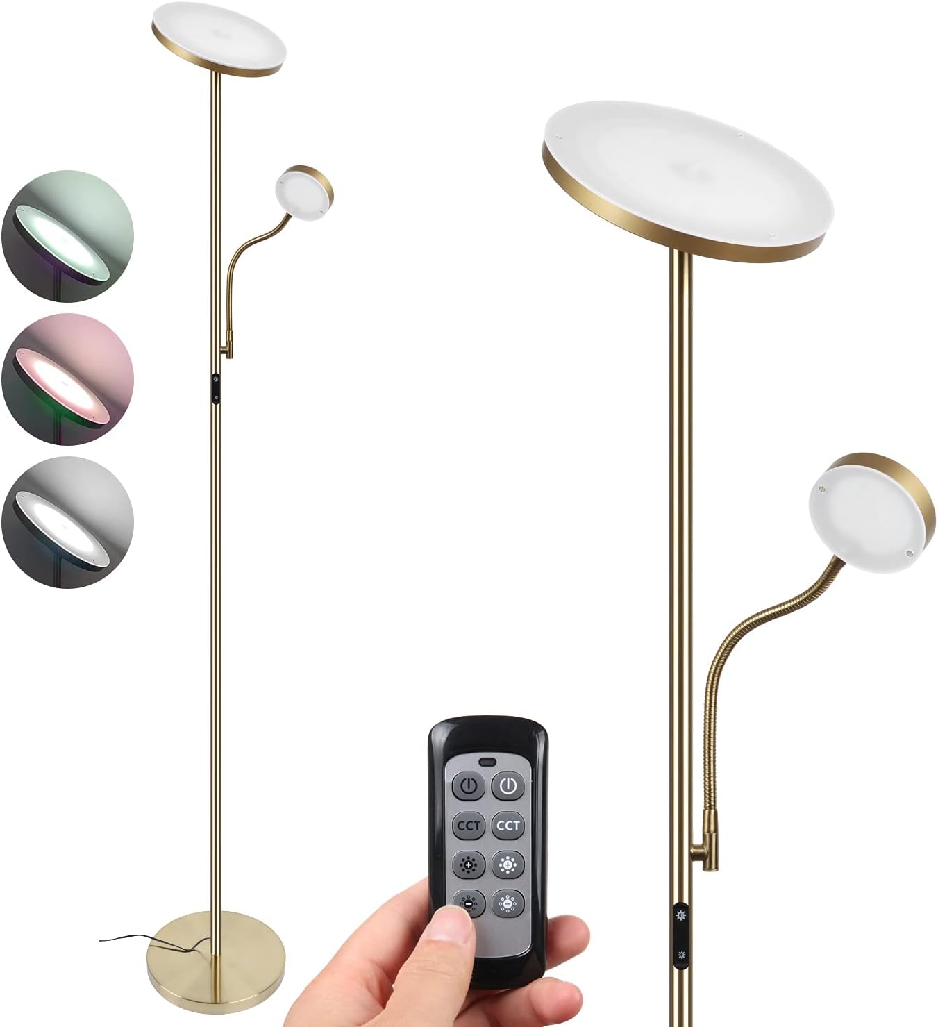Lámpara de pie 2 leds regulables, lámpara pie dorada 20 W, 1800 lm, con lámpara de lectura flexible 4 W, 280 lm, moderna lámpara de pie con mando a distancia con temperatura de color