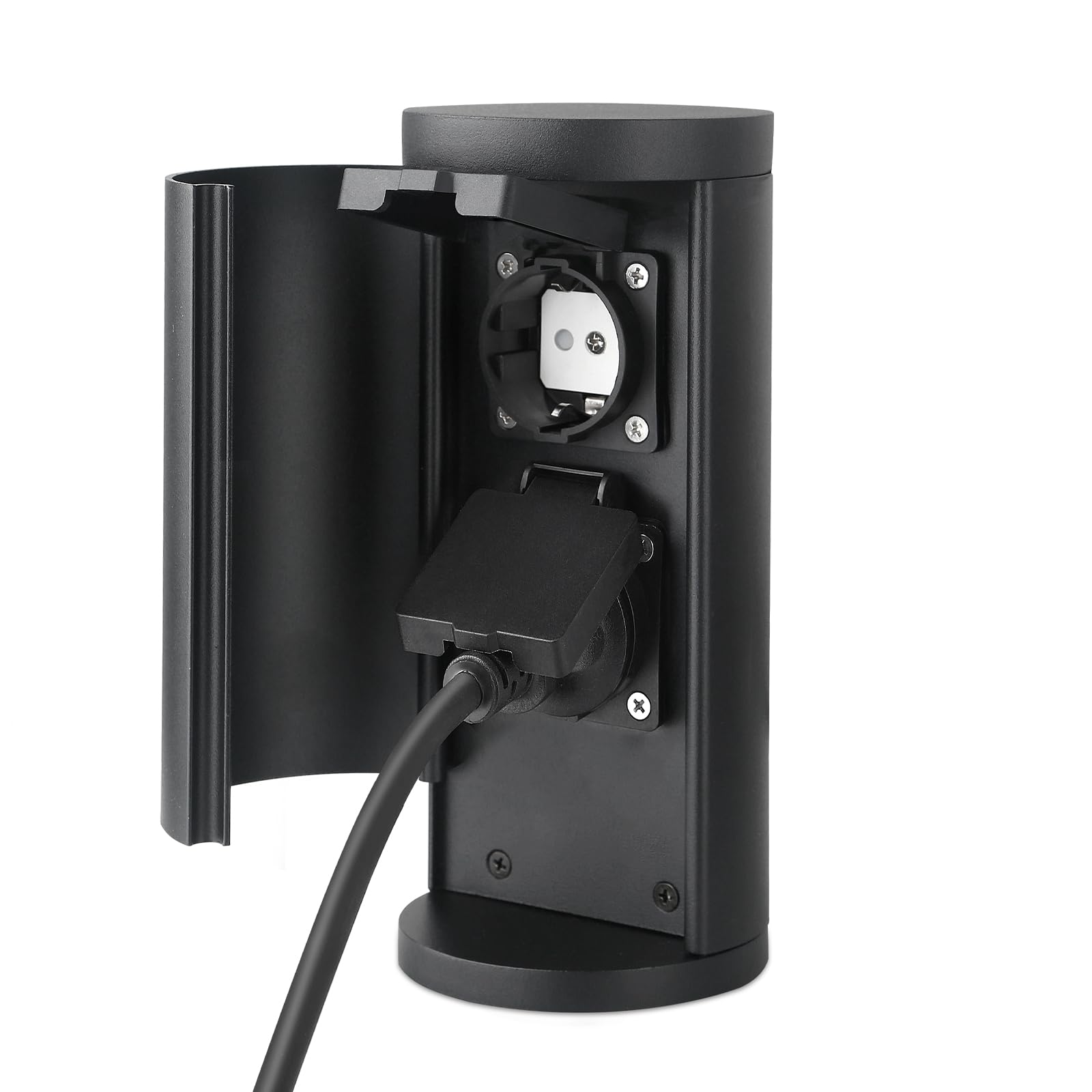 Colonna da giardino con 2 prese da giardino, con picchetto e cavo in gomma da 1 m, IP44, alluminio, max. 3600 Watt, colore nero cilindrico con porta
