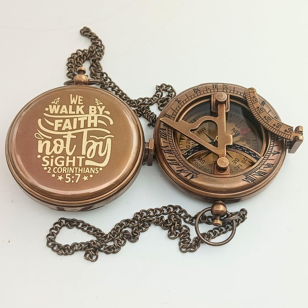Behinde You Engraved Sundial Compass with Leather case. We Walk by Faith Not by Sight Corinthians 5:7 Compass. Personalized Brass Pocket Compass Gifts for Men, Him, Son (WE Walk by Sight)