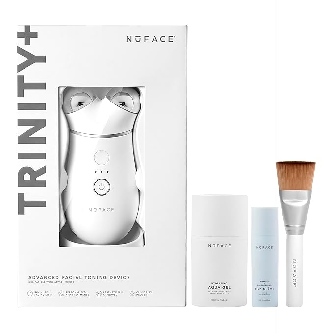 NuFACE TRINITY+ Microcurrent Facial Device Kit - FDA Cleared Face Sculpting & Neck Tightening Device to Contour Cheeks & Brows + Microcurrent Gel Activator, Silk Crème & Brush