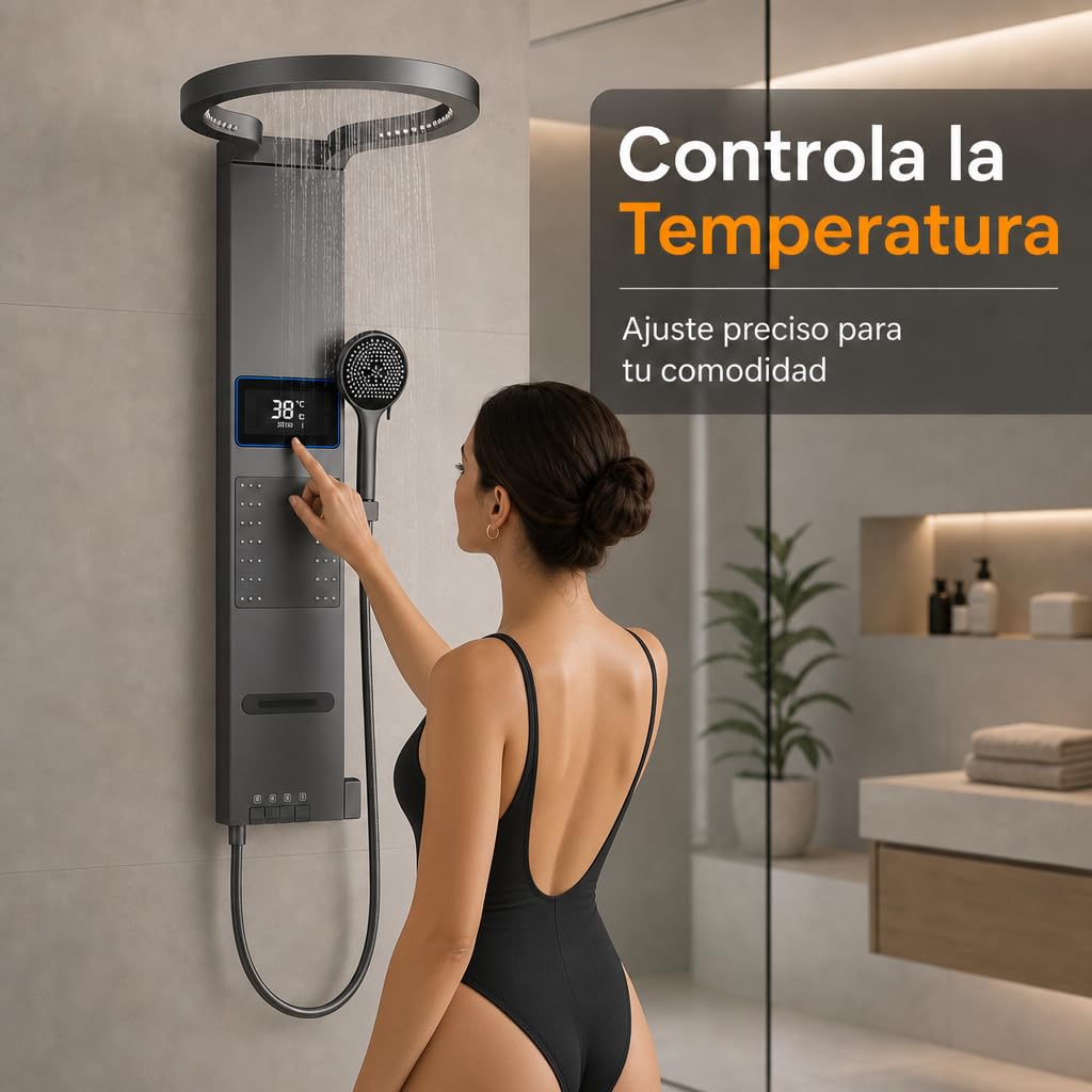 INEX EUROPA Panel de Ducha Termostática de Lujo Gris Titanio - Columna de Ducha Hidromasaje 10 Años de Garantía con 4 Modos de Operación - Torre de Ducha 105 cm Altura Daytona Collection