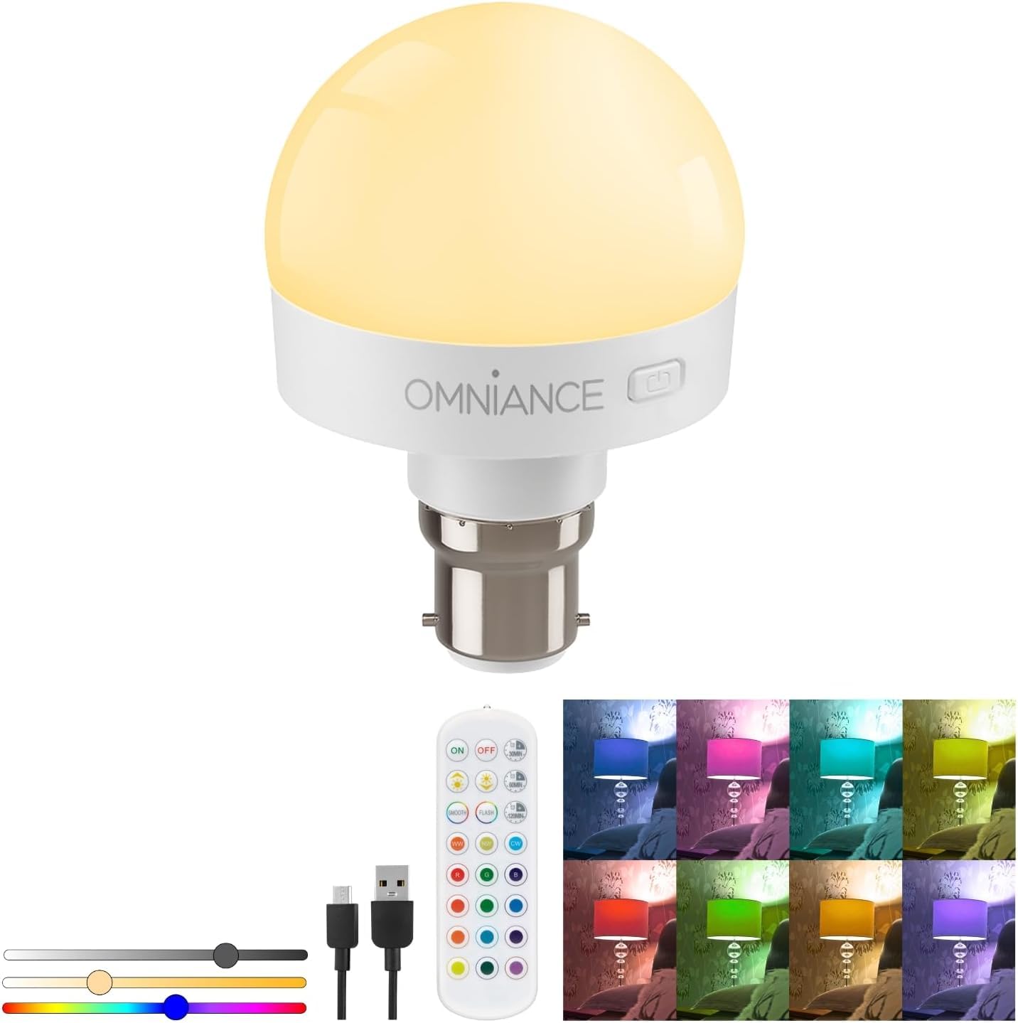 Auraglow Rechargeable Wireless LED Light Bulb with Remote – Battery-Powered, Dimmable, Colour-Changing, Bayonet B22 Adaptor