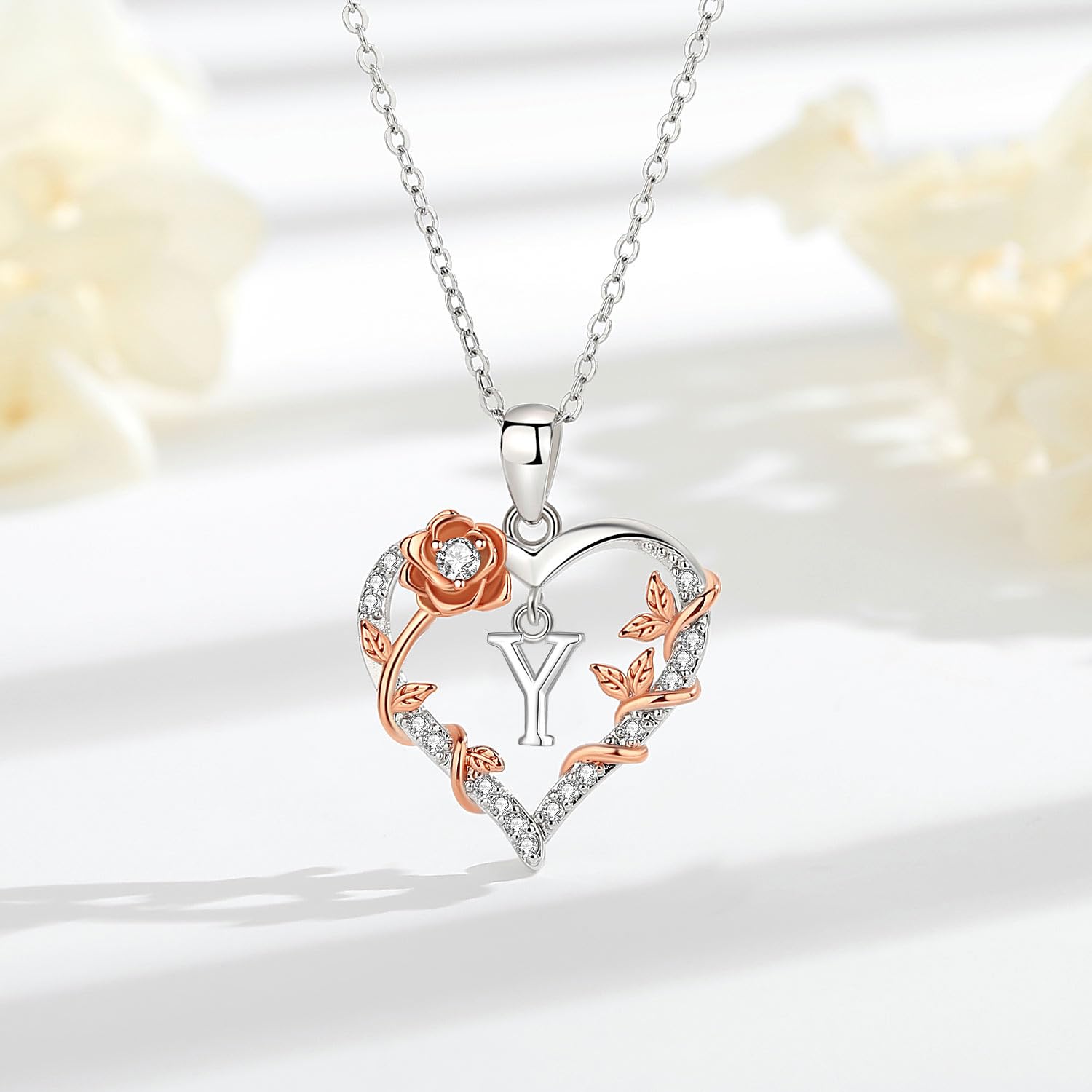 EUDORA Harmony Ball Collana con iniziali a Cuore Rosa per Donne, Lettera dalla A alla Z Collane con Iniziali dell'Alfabeto in Rame Placcato in Rodio Iniziali con Ciondolo Regali di Gioielli, 18"