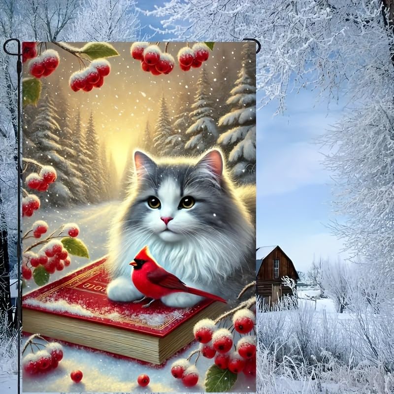 Image of BlissYard Garden Flag Forest Kitten Berry Winter 12x18 Inch Polyester
