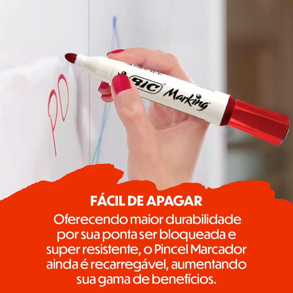 Kit 4 Marcadores de Quadro Branco BIC Marking Cores Clássicas + 1 Apagador, Ponta Resistente, Apaga Fácil, 970929