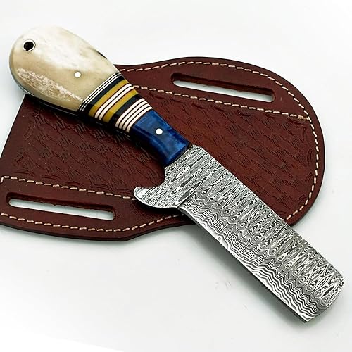 Miniatura 6 de Bonito cuchillo de vaca de acero Damasco hecho a mano, cuchillo cortador de toros con hermosa funda de cuero. (beige)