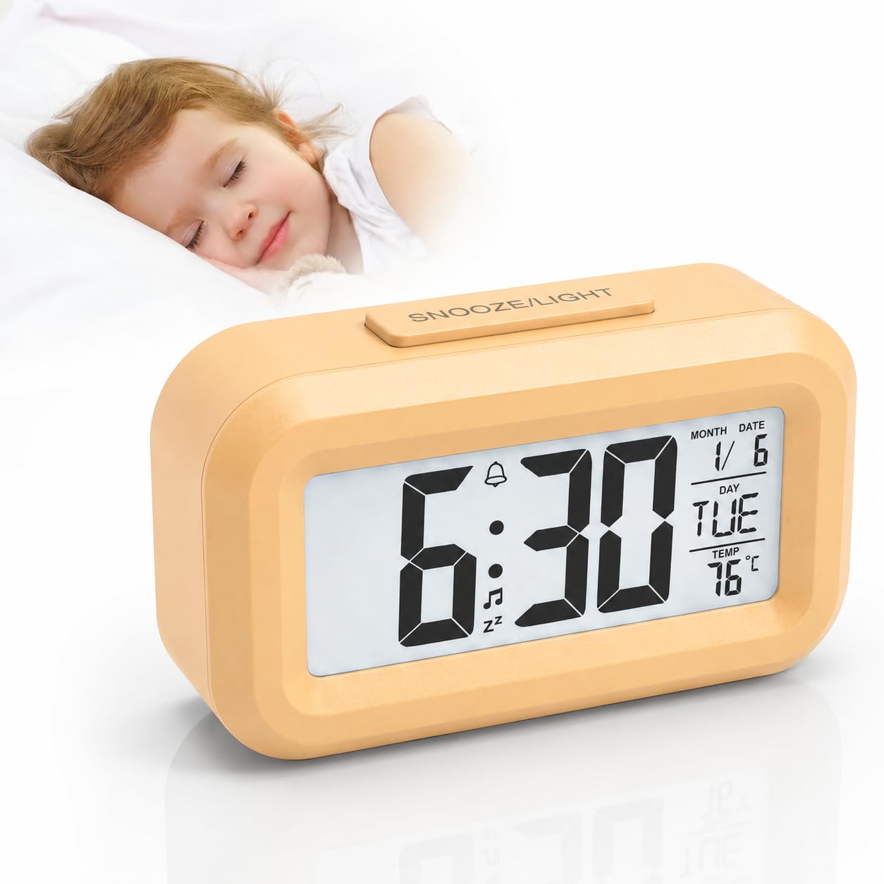 Rivvra Digital Alarm Clock for Bedrooms, Multifunctional Bedside Clock with Large LED Display, Silent Battery Operated Desk Clock for Kids and Adults, Smart Sensor Night Light