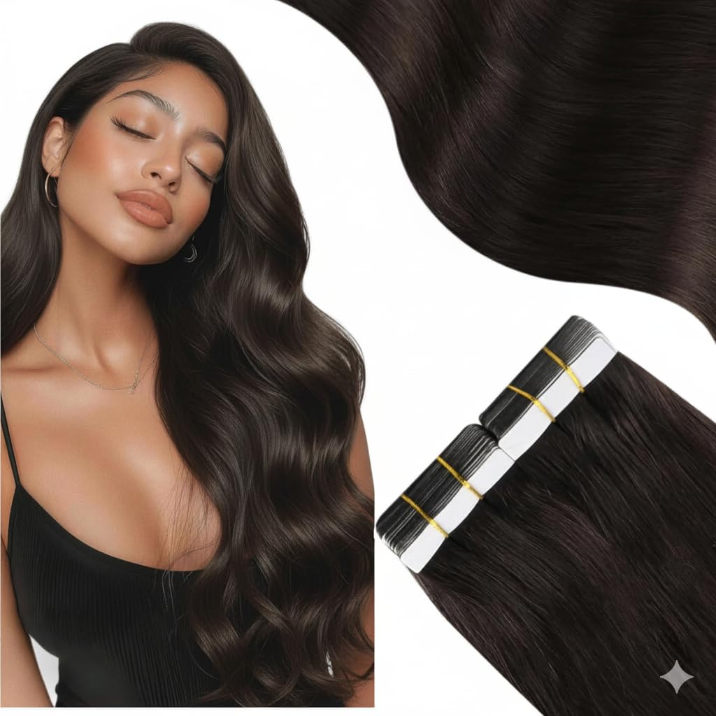 Moresoo Brown Human Hair Tape in Extensions Real Hair Extensions Tape in Dark Brown Hair Extensions Glue in Real Human Hair Silky Straight Hair 18