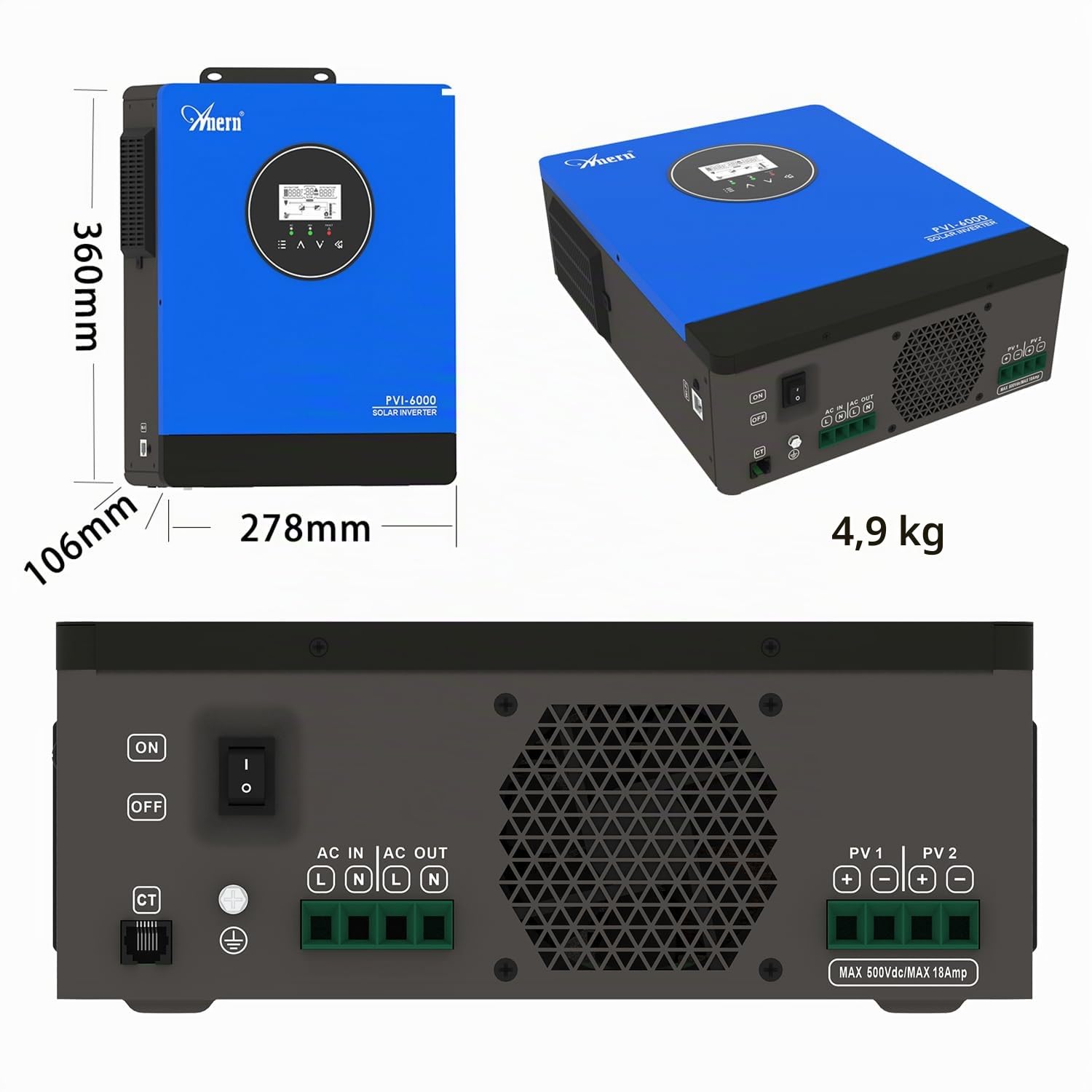 Anern 10KW Inversor Solar 220V-240VCA Integrados 3 MPPT No se Puede Conectar la Datería Funcionar con 1.5P+3P Motor o Bomba de Agua, Voltaje MPPT 60-450VCC Función CT Fuera de la Red