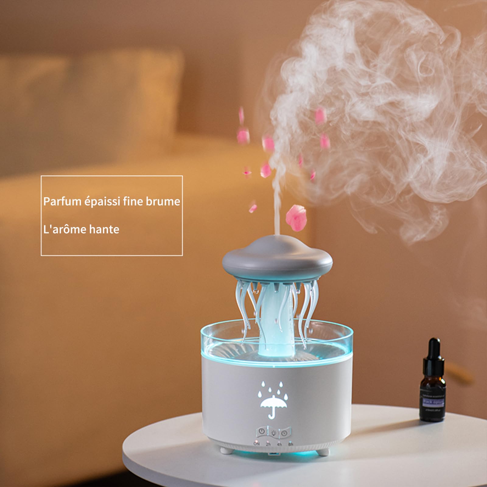Humidificateur de Chambre à Coucher, Humidificateur de Méduse à Effet de Goutte d'eau 7 Couleurs, Diffuseur d'aromathérapie 300ml avec Télécommande et Minuterie, Cadeaux Amusants (Blanc)