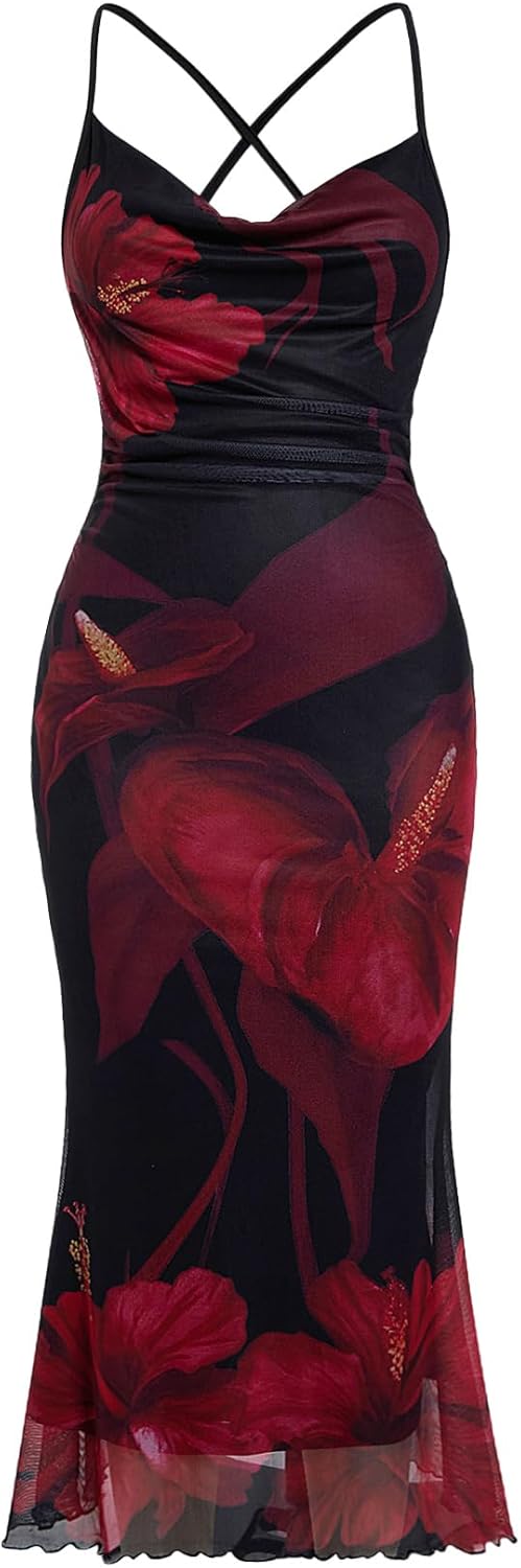 SOLY HUX Women's Floral Mesh Bodycon Cami Dress Cowl Neck Sleeveless Cocktail Party Wedding Guest Long Maxi Dresses