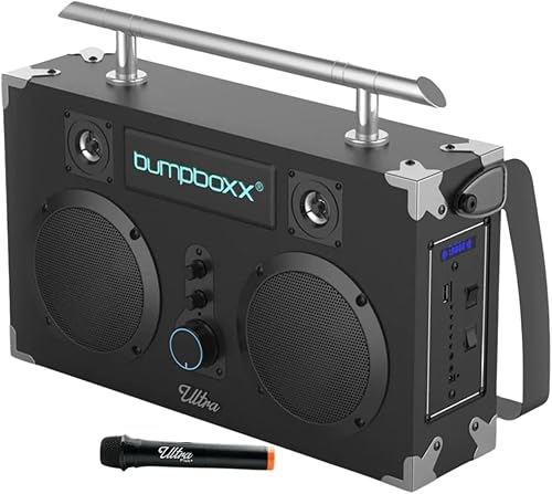 Bumpboxx Bluetooth Boombox Ultra Plus Boombox retro con altavoz Bluetooth Incluye batería de litio recargable, correa de transporte y micrófono