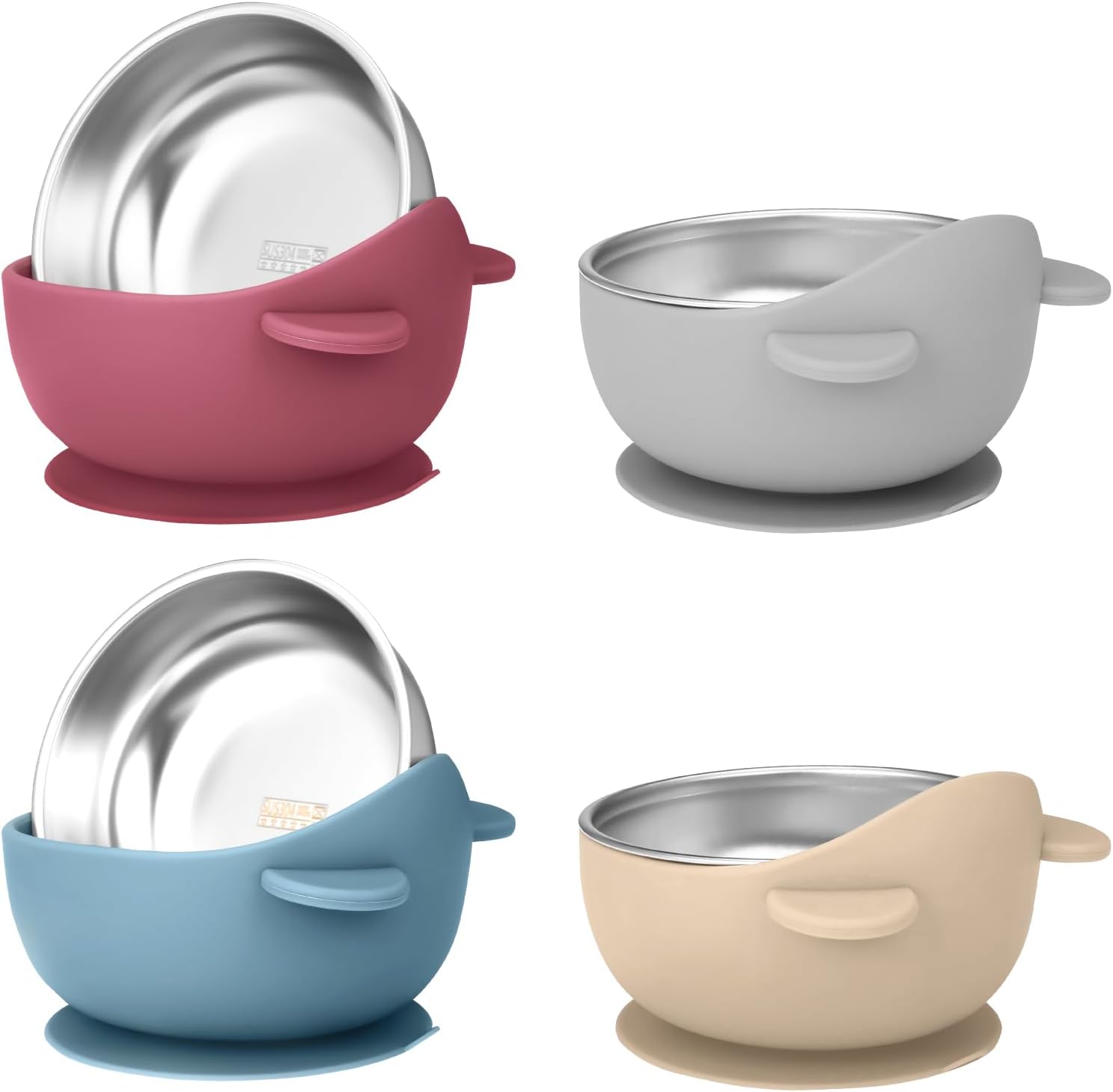 4 Pack Stainless Steel Baby Bowls with Suction, Toddler Bowls with Removable Silicone Shell for Kids, Non-Slip Toddler Baby Feeding Set Dishwasher Safe-blue/Gray/Red/Cream