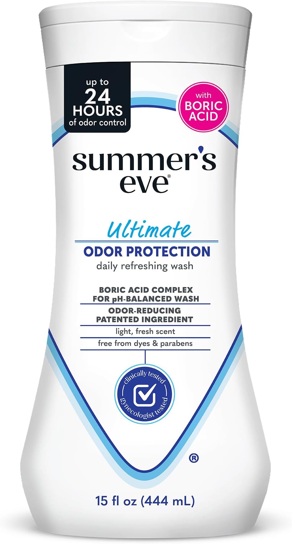 Summer's Eve Ultimate Odor Protection Daily Feminine Wash, pH-Balanced Formula Body Wash for Women with Boric Acid Helps Control Vaginal Odor, 15 Fl Oz