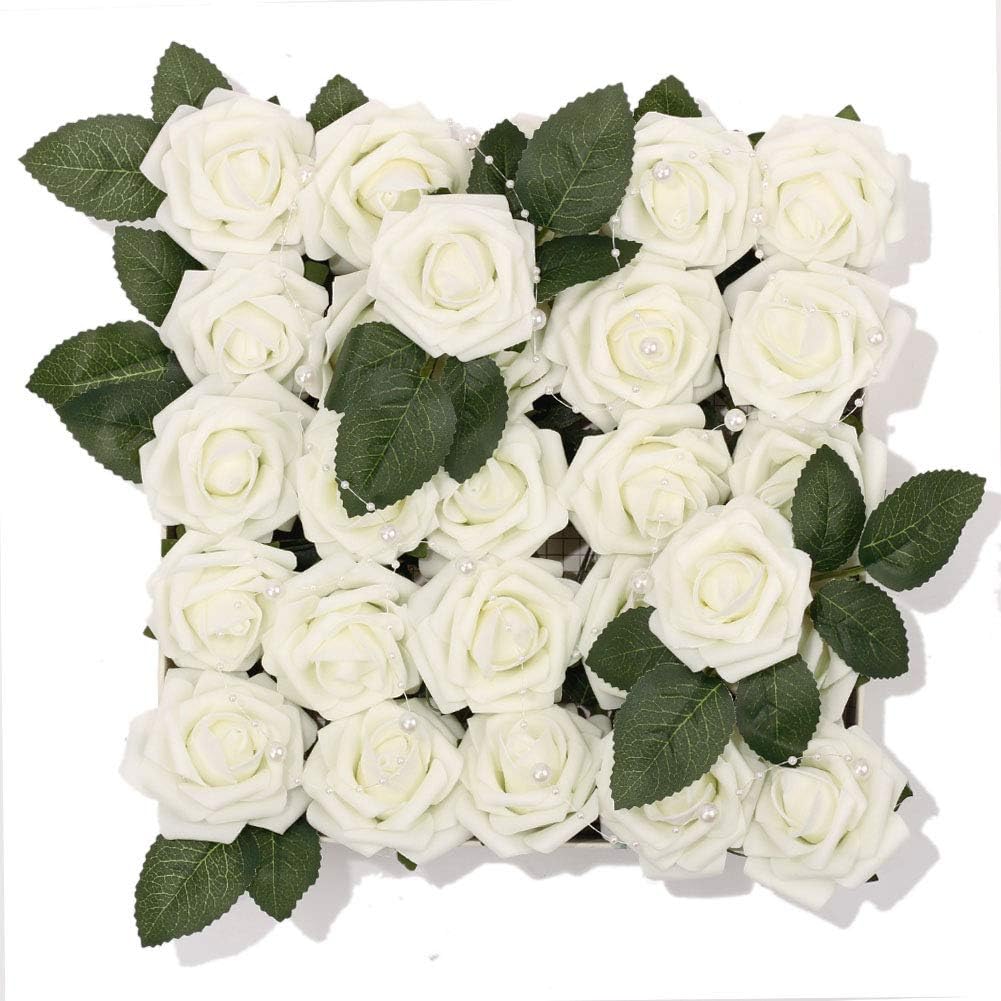 Meiliy 60pcs Artificial Flowers Ivory Roses Real Looking Foam Roses Bulk w/Stem for DIY Wedding Bouquets Corsages Centerpieces Arrangements Baby Shower Cake Flower Decorations