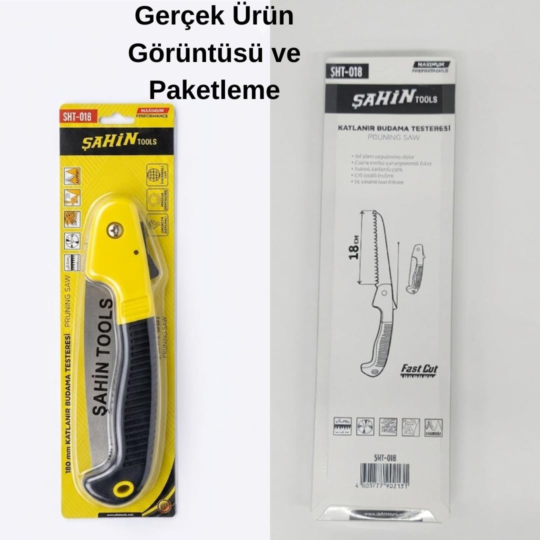 ŞAHİN TOOLS SHT-018 Katlanır Budama Testeresi - 18 cm Yüksek Karbonlu Çelik Bıçak, Ergonomik Tutuş, Üç Eksenli Özel Bileme, Hızlı Kesim (Fast Cut)
