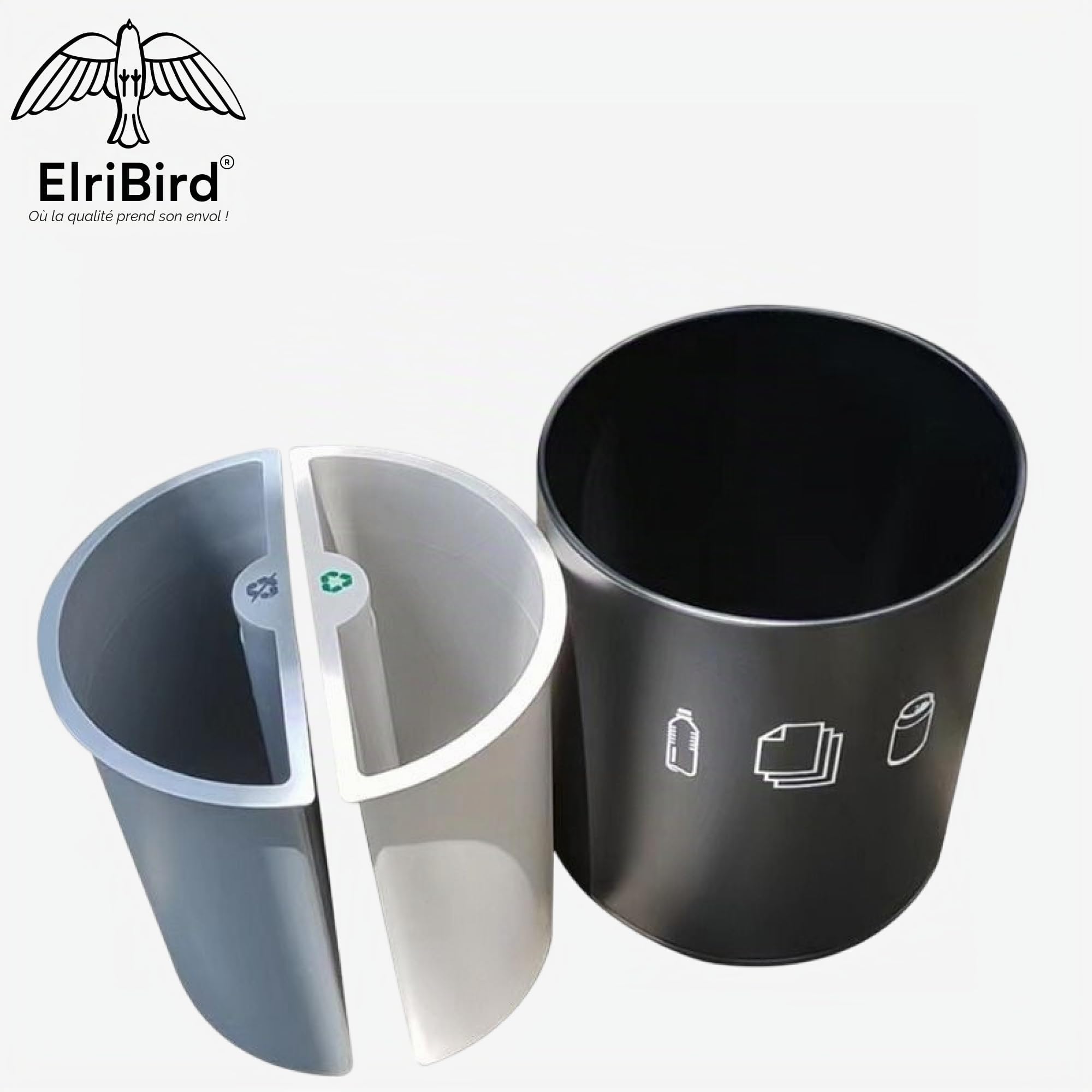 Poubelle de Tri 10L à Deux Compartiments – Corbeille Métal Ronde Noire avec 2 Compartiments | Poubelle Papier Chambre d’Hôtel, Bureaux, Maisons, Hôtels Green Key et Resorts