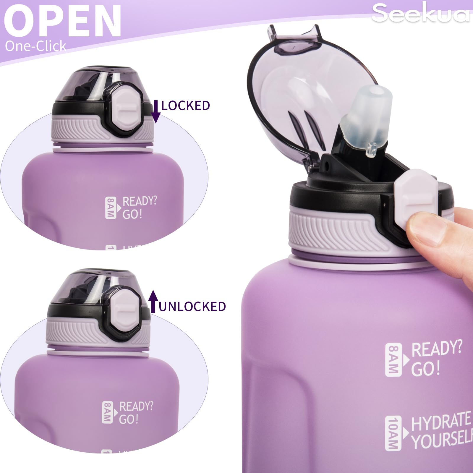 Seekua Sportiva Borraccia Motivazionale 0.6l / 1l / 2l con Cannuccia & Orari per Bere Grande Bottiglia Acqua Tritan per Palestra, Sport, 2 Coperchi, 2 litri