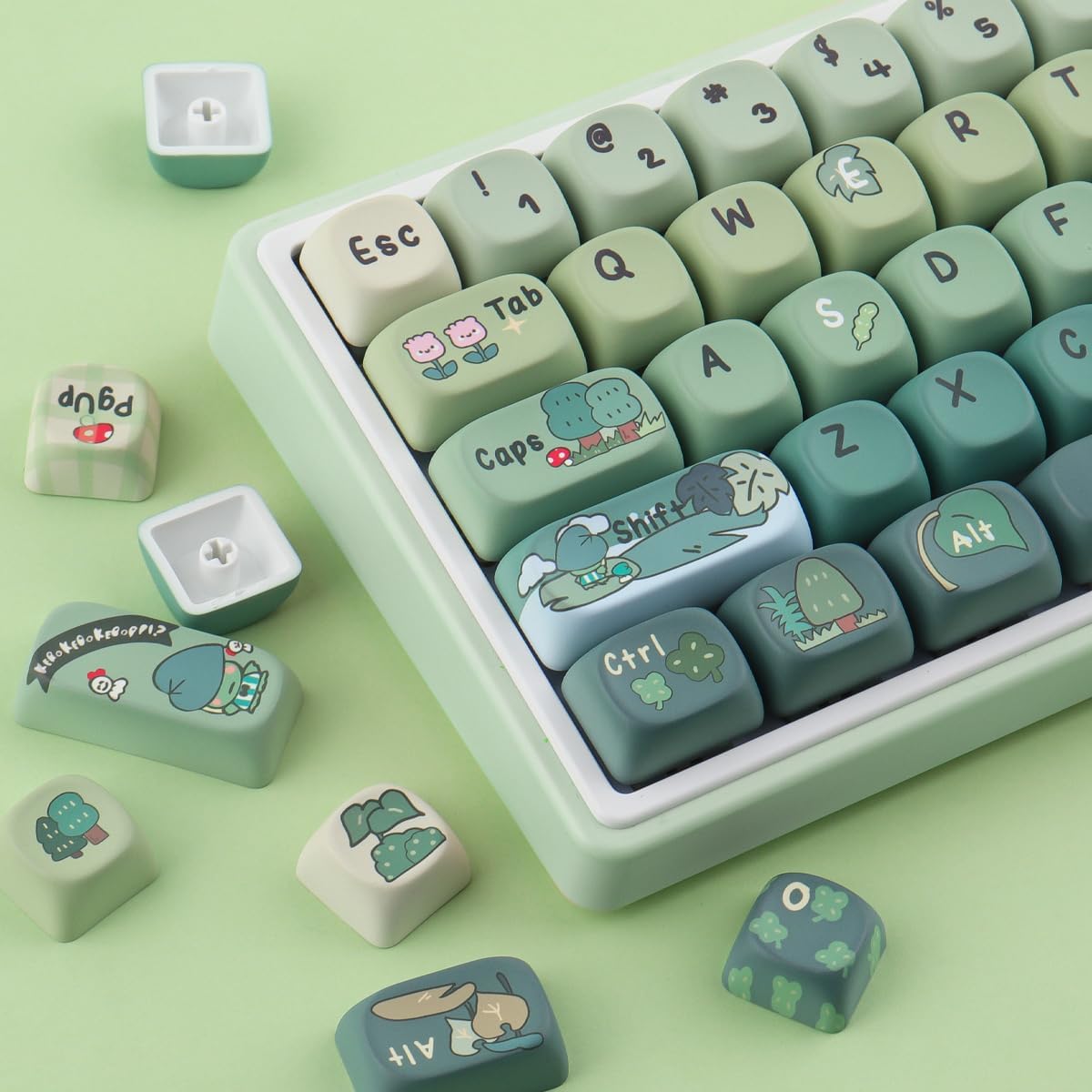 Hyekit Cute Frog Adventure Keycaps, Green Gradient Colorway, MOA Profile, 134-Key Dye-Sublimation PBT Keycap Set for Mechanical Keyboards, Compatible with Cherry MX Switches