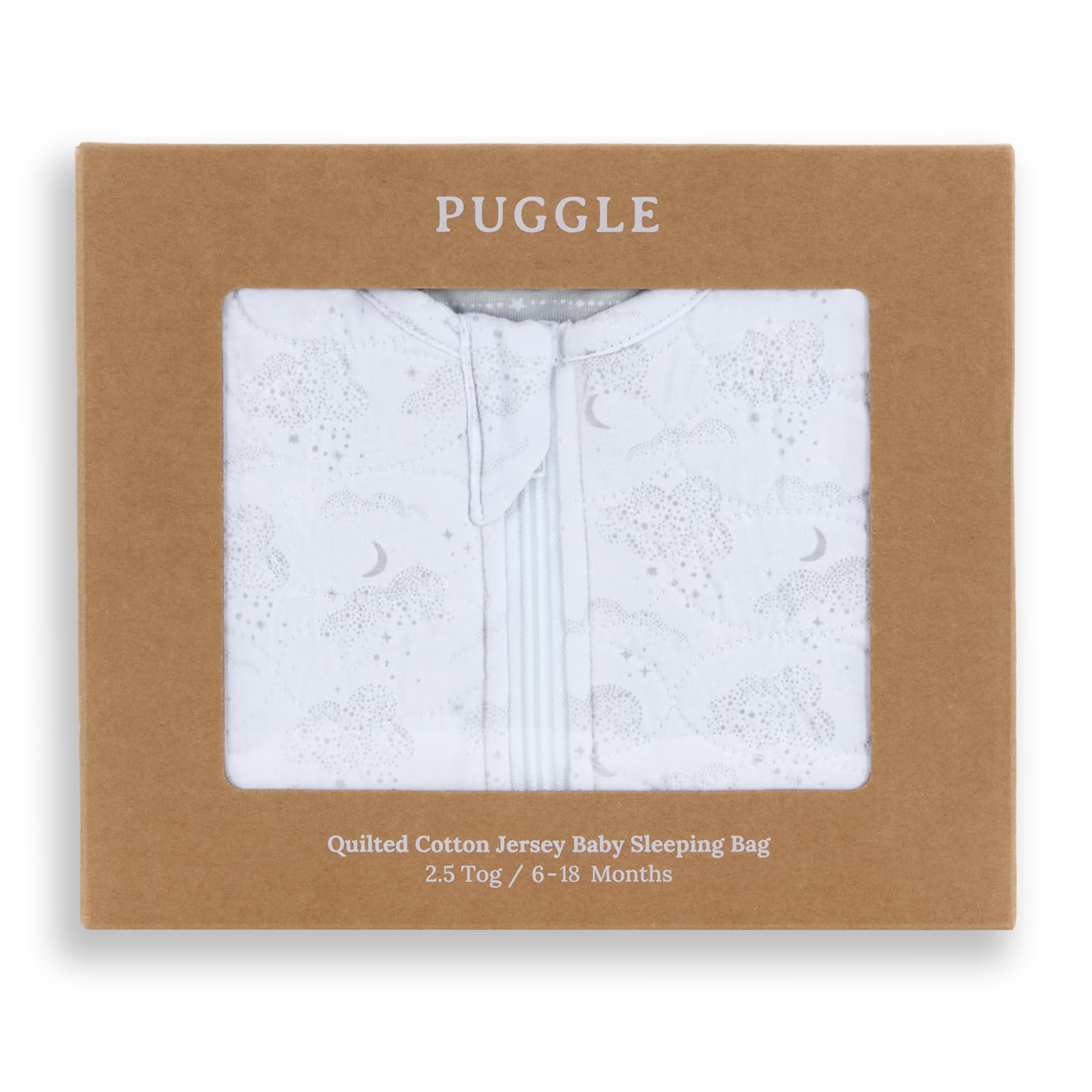 Puggle To The Moon & Back 2.5 Tog Pure Cotton Jersey Quilted Baby Sleeping Bag - White/Grey (6-18 Months)