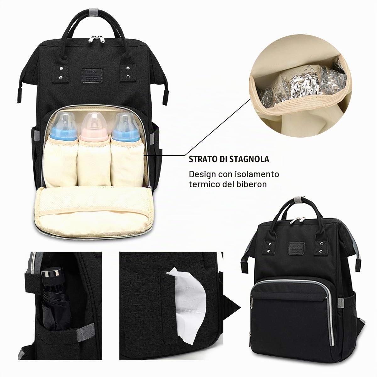 SONARIN Multifunzione Zaino Fasciatoio Bambino per Pannolini con Fascia per Passeggino,Grande Capacità,Organizer per Zaino da Viaggio,Impermeabile,Elegante e Resistente,Ideale Regalo(Nero)
