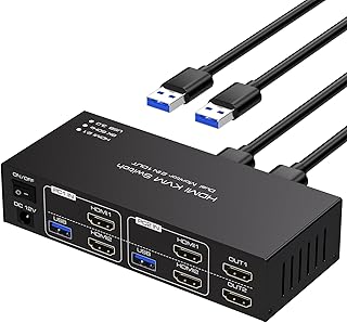 8K@60Hz HDMI kvm Switch 2 Monitors 2 Computers 4K@120Hz USB 3.0 KVM switcher Dual Monitor with 4 USB Ports Support Extended & Copy Mode Wired Controller 12V DC Adapter 2 USB Cables Included