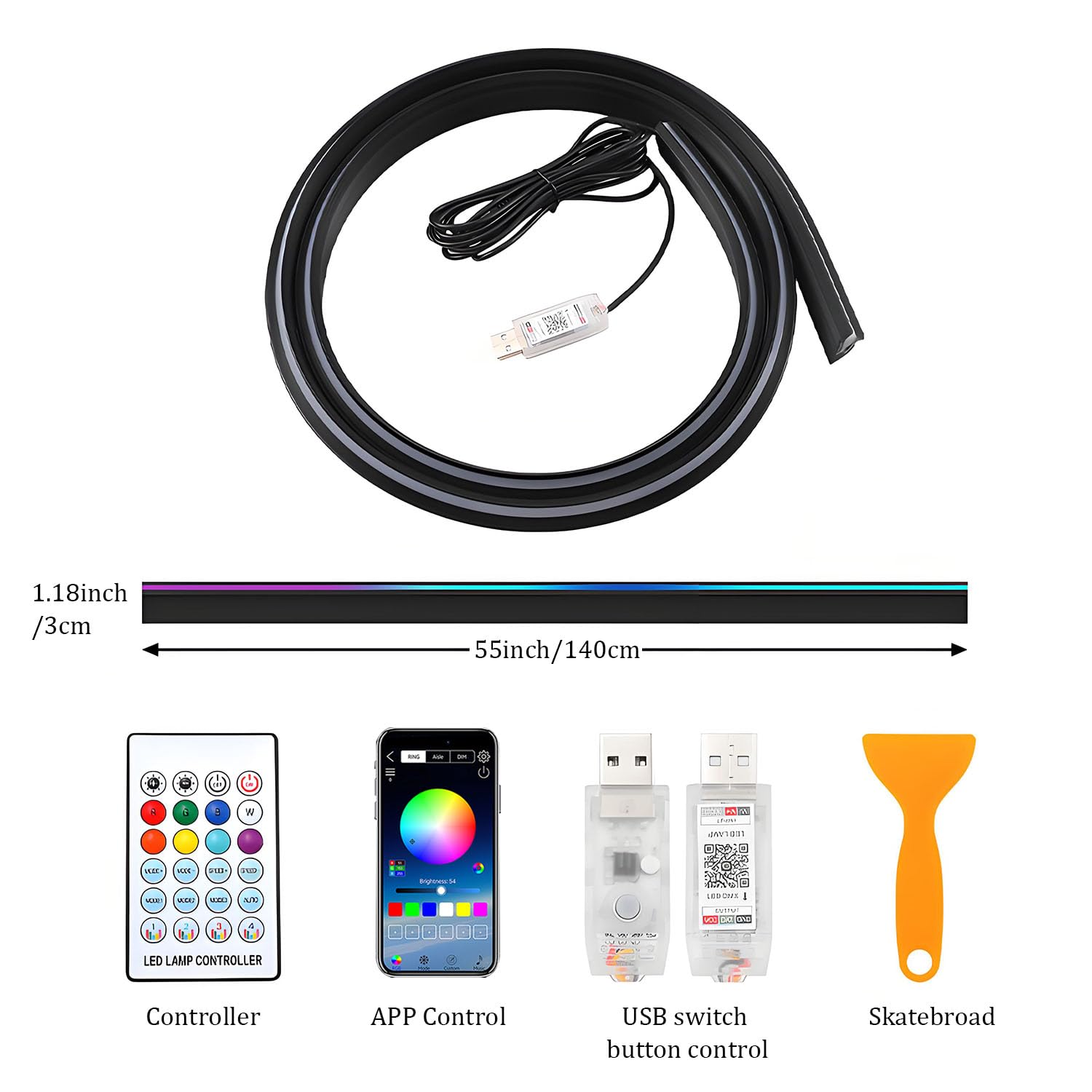 Striscia LED Auto Interni,Kit di Illuminazione Led Ambientale RGB Telecomando, App e USB,140 cm Luce Striscia Acrilica Interno Automobile LED,Neon Luce di Musica Striscia Auto