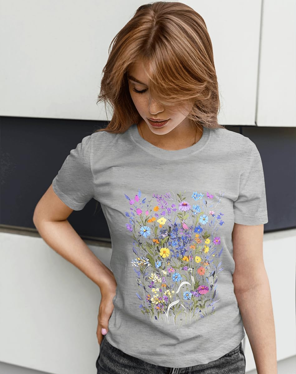 Womens Graphic Tee Vintage Floral T Shirts Boho Wildflower Short Sleeve Casual Tops - Image 4